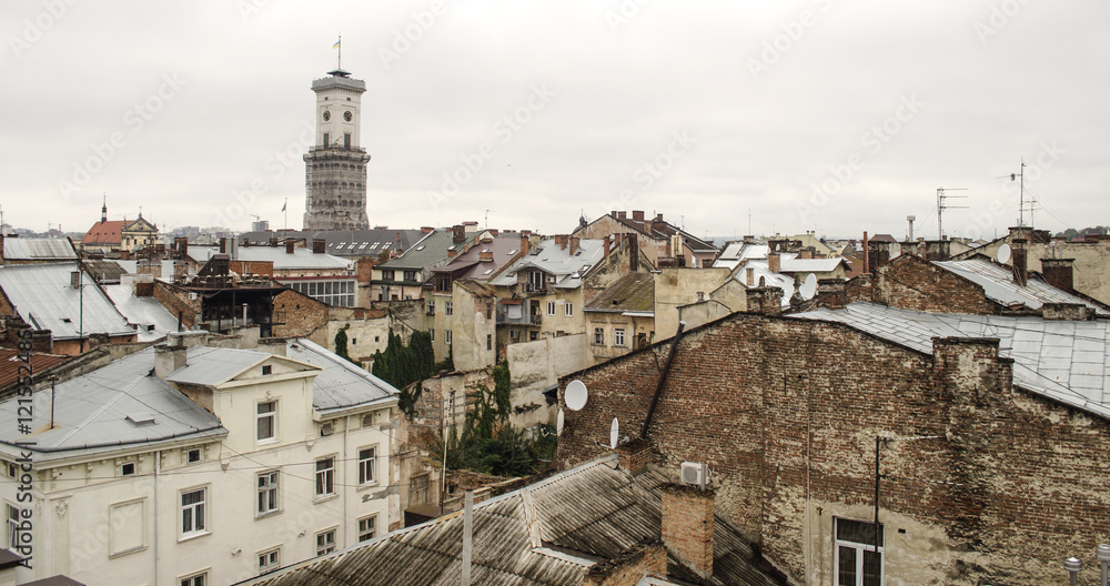 view from the roof of the house to the town hall, Lviv, Ukraine
