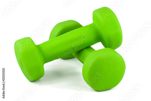 green fitness dumbbells isolated on white background
