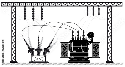 Electrical substation. The high-voltage transformer and switch. Risk of electric shock. electricity supply.