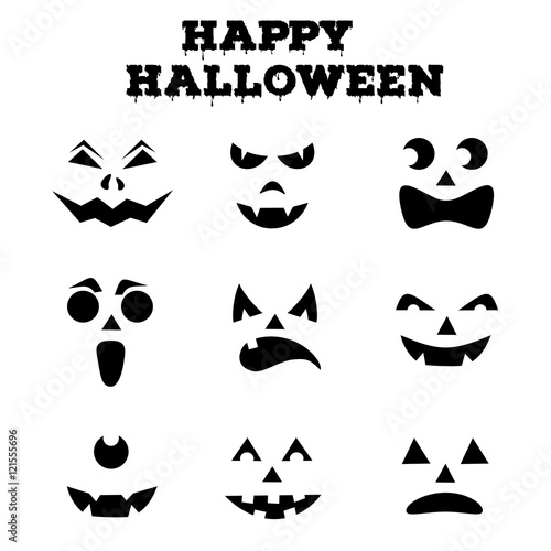 Collection of Halloween pumpkins carved faces silhouettes. Black and white images. Vector illustration