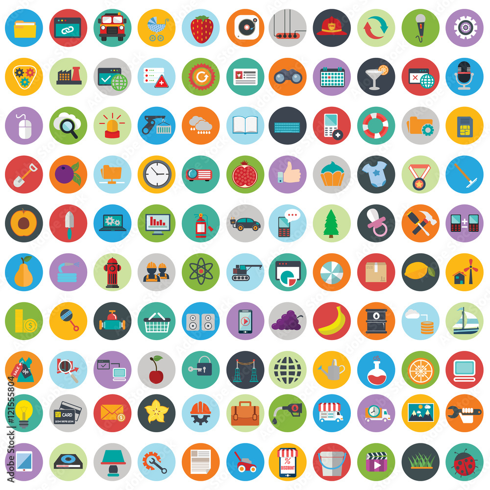 Flat icons design modern vector illustration big set of various financial service items, web and technology development, business management symbol, marketing items and office equipment on background Flat icons design modern vector illustration big set of various financial service items, web and technology development, business management symbol, marketing items and office equipment on background