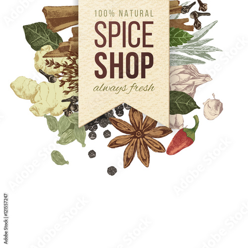 spice shop paper emblem with different spices