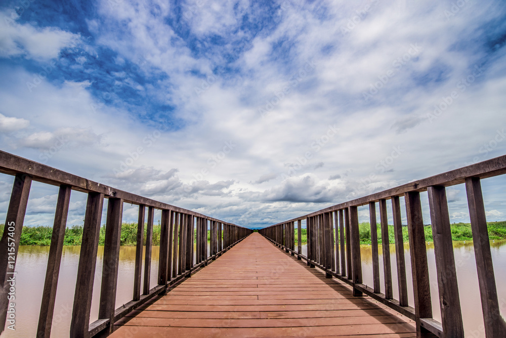wooden bridge and blue sky.