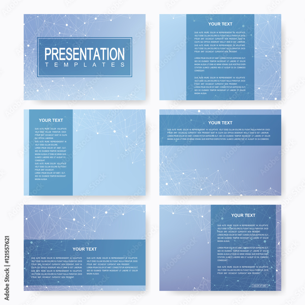 Set of vector templates for presentation slides. Brochure, Leaflet, flyer, cover, magazine or annual report. Modern business, science, medicine design. Geometric abstract background molecule.