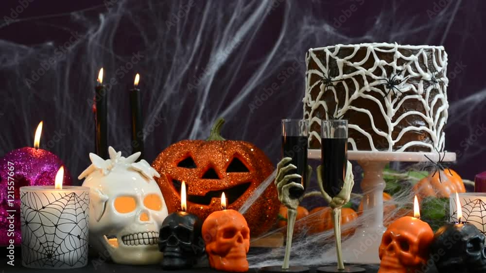 Spooky Halloween Party Table with chocolate spider cake and decorations ...