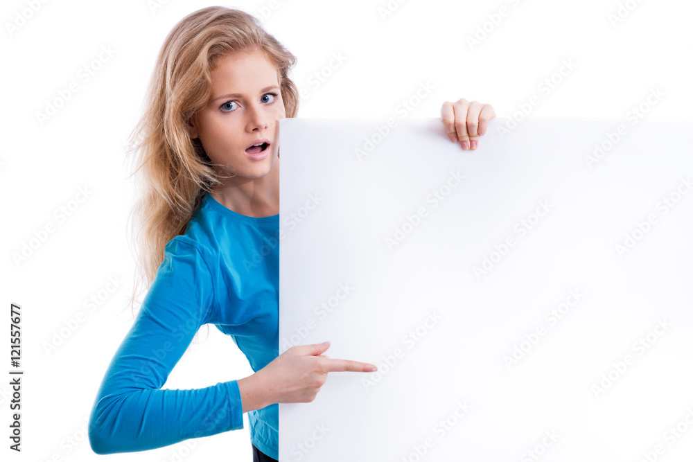 beautiful blond girl holding an empty white board beautiful blond girl holding an empty white board