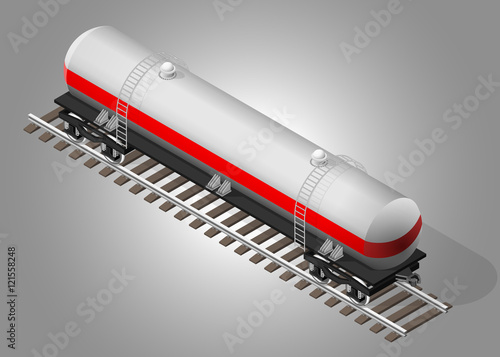 Vector isometric illustration of a large railway tank for fuel transportation. Railway cargo transportation.