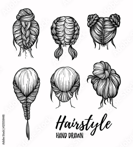 Hand drawn vector illustration - set of ladies fashion hairstyle