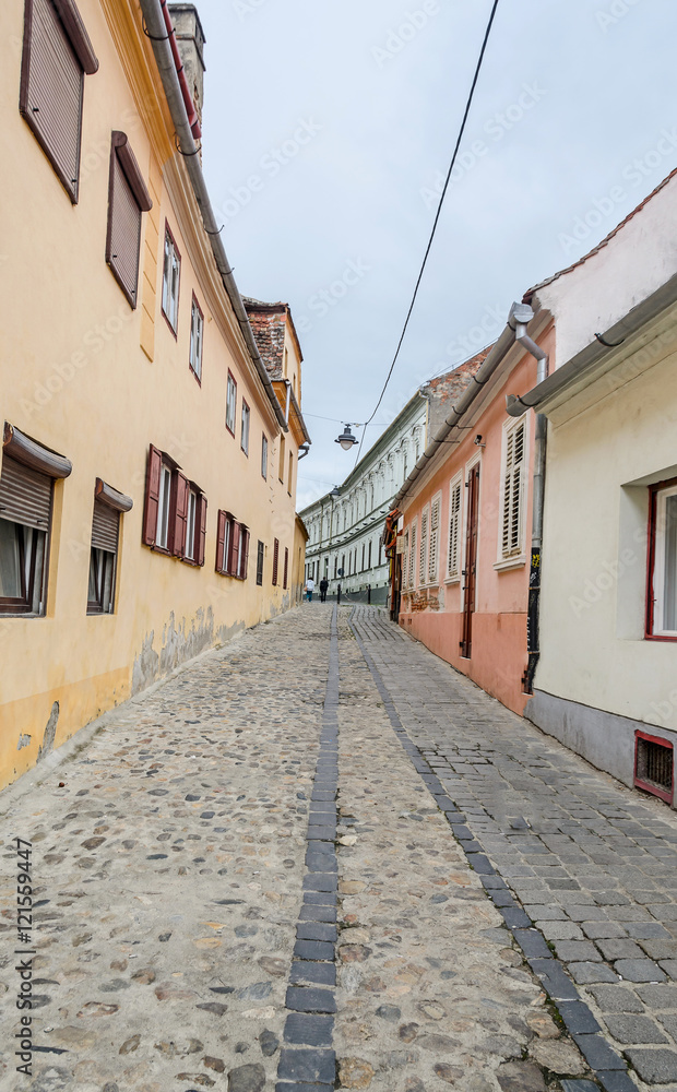The paved streets near downtown of Sibiu, Romania
