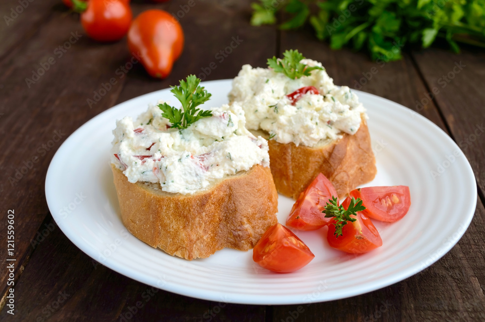Sandwiches with pate cheese, garlic, slices of pepper, dill. Organic health food. A healthy breakfast. Sandwiches with pate cheese, garlic, slices of pepper, dill. Organic health food. A healthy breakfast.