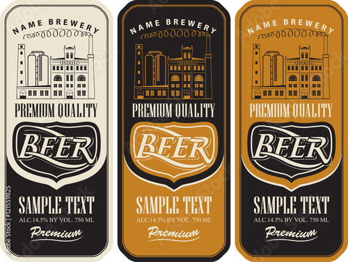 set of beer labels and the image of the brewery building