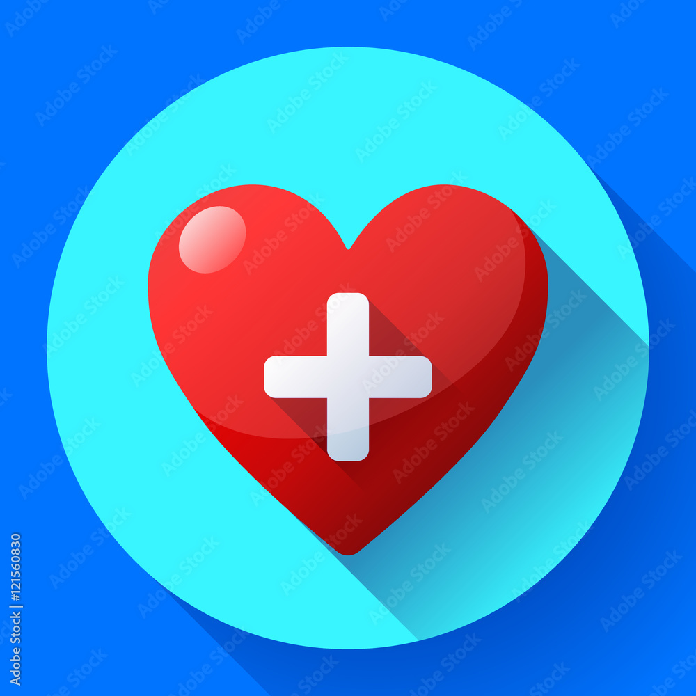 Vector health care icon, white cross in red heart Vector health care icon, white cross in red heart