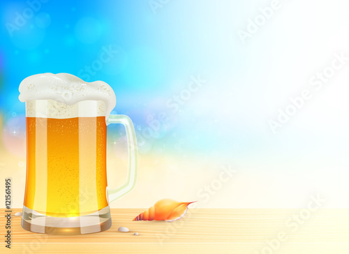 Mug of light beer on summer sea blurred background, vector illustration
