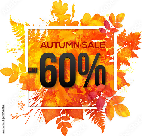 Autumn sale 60 percent discount vector banner with orange foliage in watercolor style