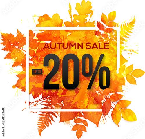 Autumn sale 20 percent discount vector banner with orange foliage in watercolor style