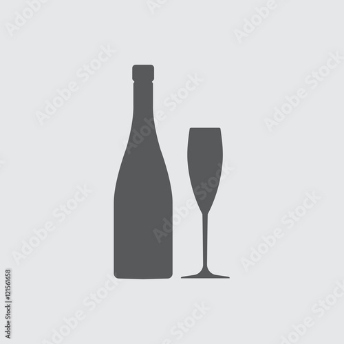 Champagne or wine bottle and glass silhouette. Vector icon or sign.