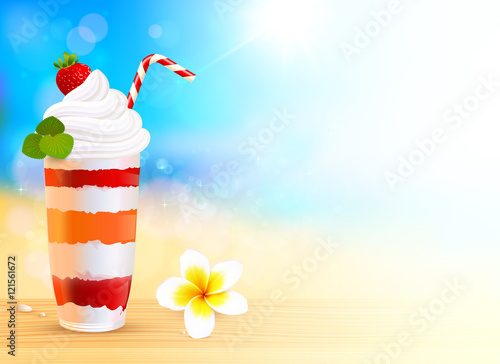 Strawberry creamy dessert cocktail on blurred summer sea background, vector illustration