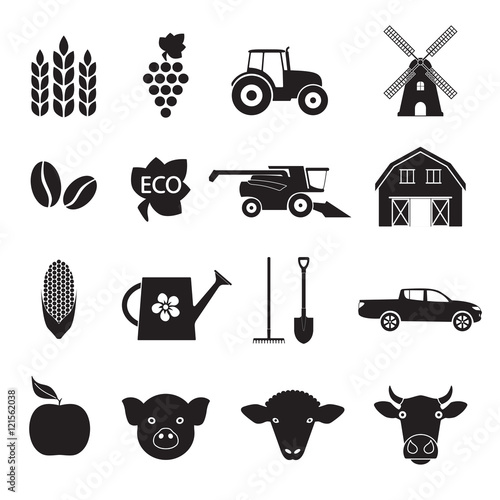 Agriculture and farming icon set. Black icons isolated on white background. Vector illustration.