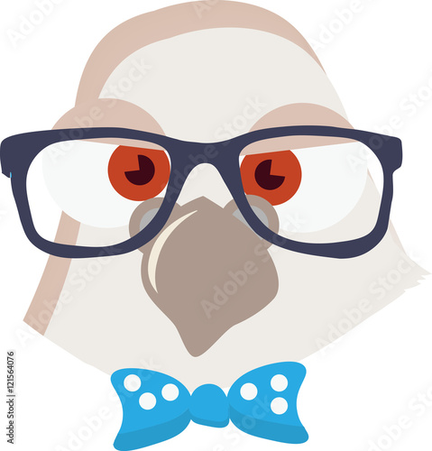 Pigeon Vector. Young bird with glasses and bow tie. Illustration in cartoon style. Ready for package design, icon, logo design, etc. Vector image of a pigeon. Bird with glasses and bow tie. Child.