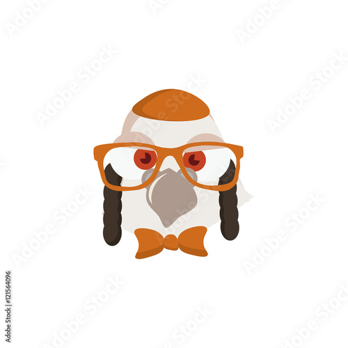 Anthropomorphic Pigeon with hipster glasses, jewish side curls, yarmulke, kippah and bow tie on. Cartoon styled illustration. Great as bar mitzvah invitation design element.