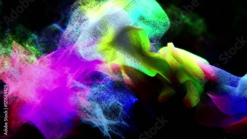 Particles of colorful fume in air, abstract 3D animation, looping