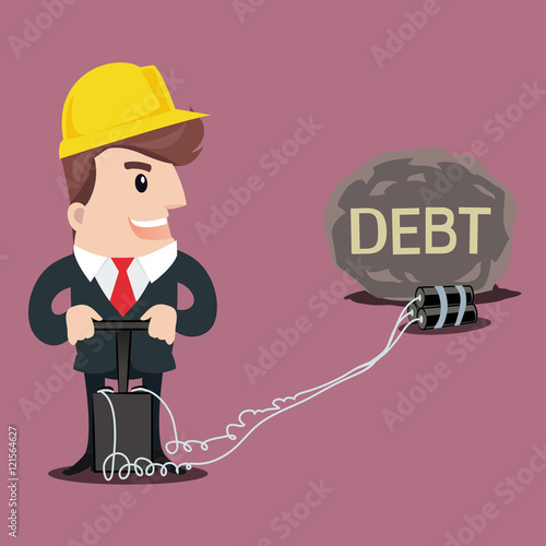 Businessman put a bomb to explode the heavy DEBT.-vector illustr