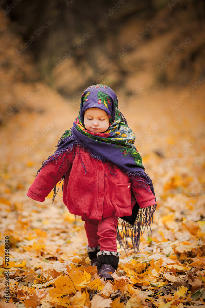 Toddler girl in Ukrainian or Russian folk shawl on cold autumn day playing alone outside. Cute baby walks cheerfully in beautiful scenic wood covered with orange fallen leaves. Portrait of child. Toddler girl in Ukrainian or Russian folk shawl on cold autumn day playing alone outside. Cute baby walks cheerfully in beautiful scenic wood covered with orange fallen leaves. Portrait of child.