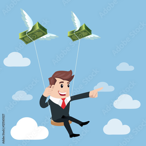 Businessman flying with money concept cartoon illustration