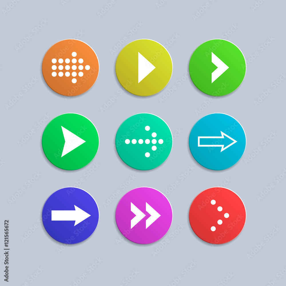 Set of colorful internet buttons with arrows icons . Simple circle shape, contemporary modern style. Isolated on gray background. Vector illustration, EPS 10. Set of colorful internet buttons with arrows icons . Simple circle shape, contemporary modern style. Isolated on gray background. Vector illustration, EPS 10.