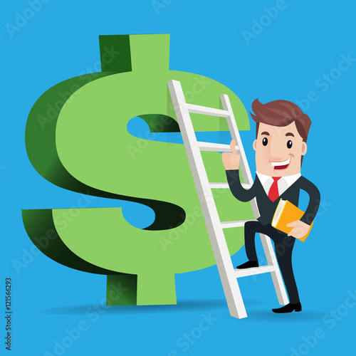 Happy super rich successful businessman up the stairs to the gre