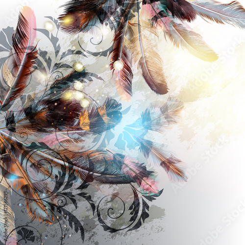 Background with feathers in realistic style