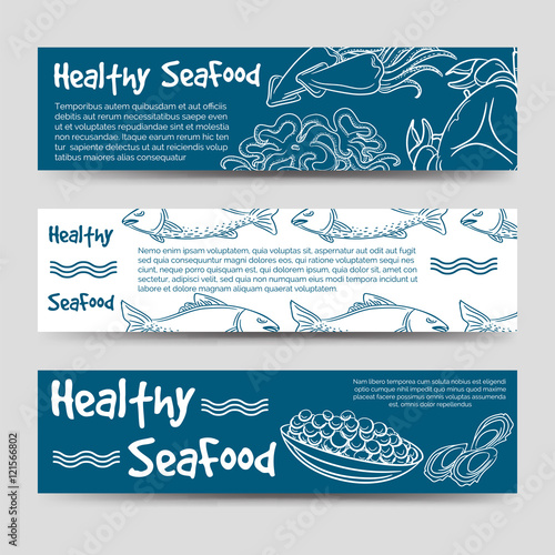 Horizontal banners template with healthy seafood design. Vector illustration