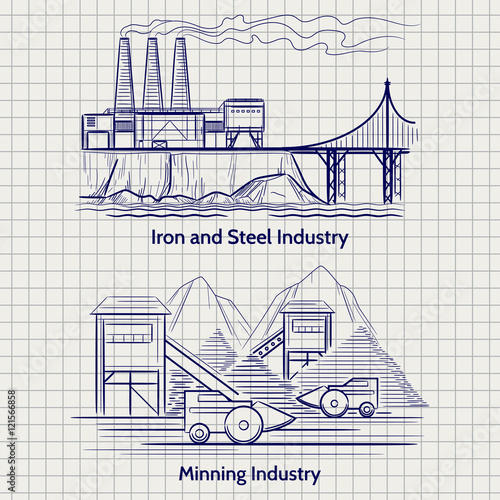 Sketched factory industrial landscape. Metallurgical and mining production vector