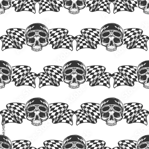 Seamless pattern with biker rider skull and racing flags. Vector illustration