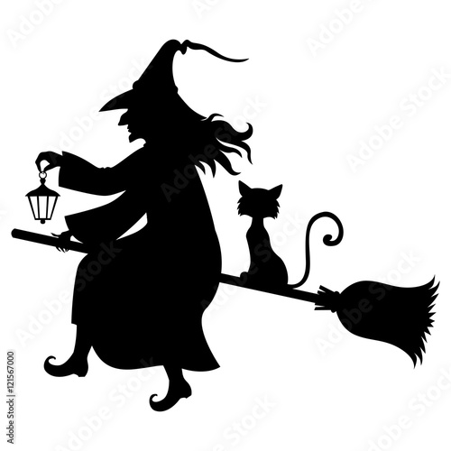 Witch with broom and kitty fly on broom