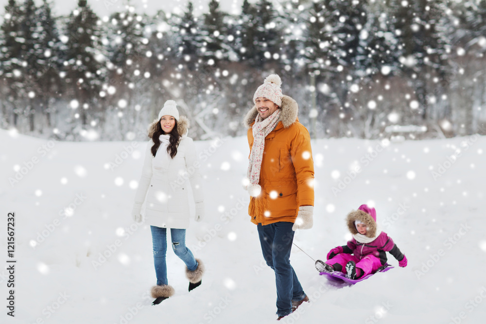 happy family with sled walking in winter forest happy family with sled walking in winter forest