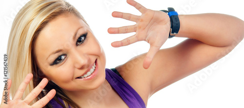 Portrait of beautiful smiling happy teenage girl and her hands isolated on white