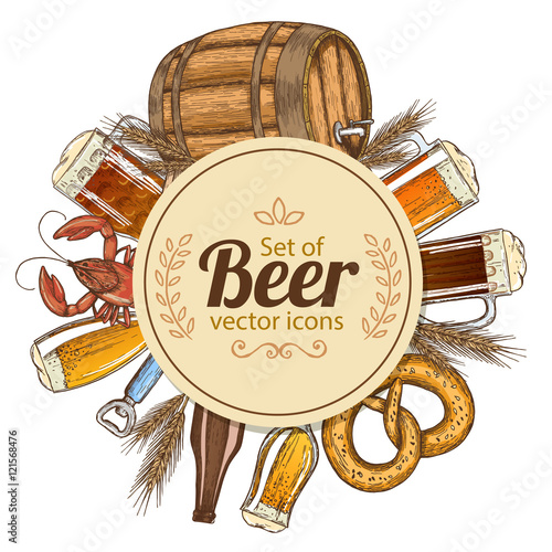 Circle shape template with colorful beer icons for packaging, cards, posters, menu. Vector stock illustration.