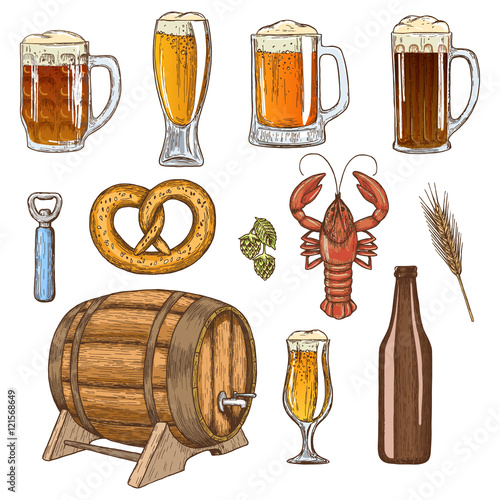 Set of beer glasses, bottle and snack icons. Vector stock illustration.
