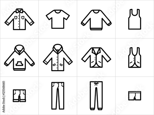 Set  of 12 men and unisex clothing icons in black and white. Easy to edit, resize and colorize.