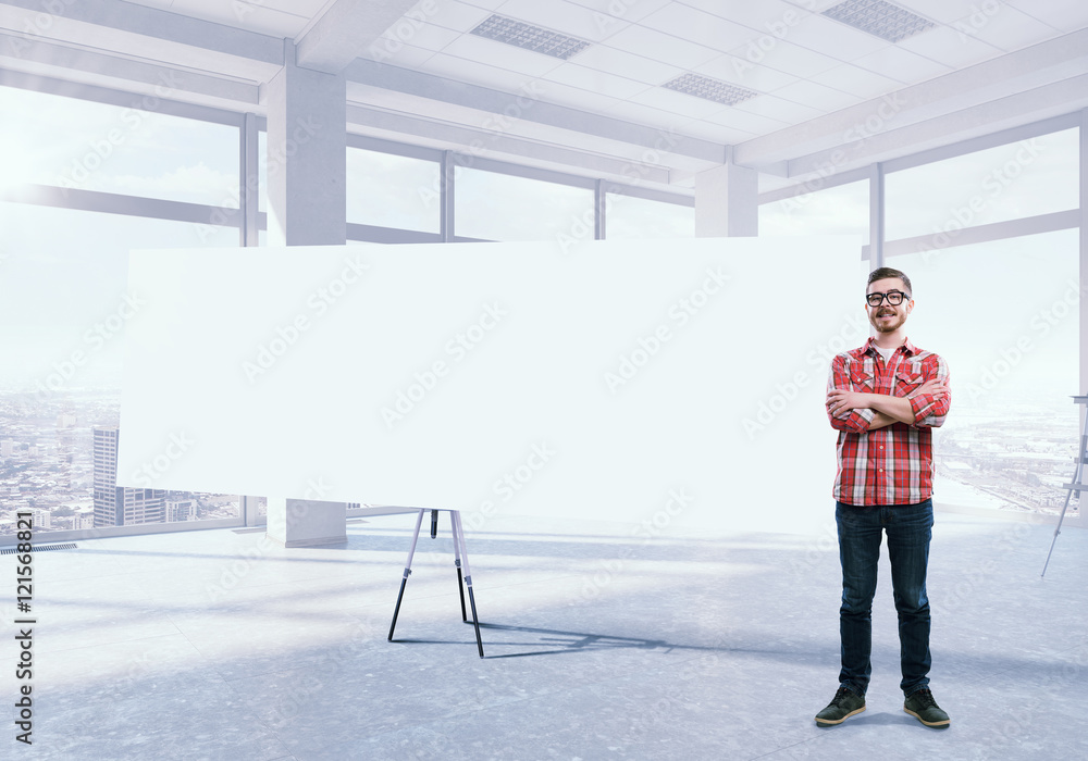 Guy near blank banner . Mixed media Guy near blank banner . Mixed media