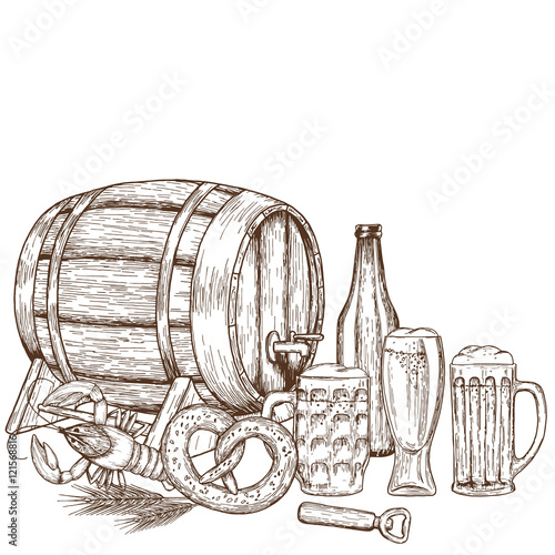 Set of beer glasses, bottle and snack, sketch vintage style. Vector stock illustration.