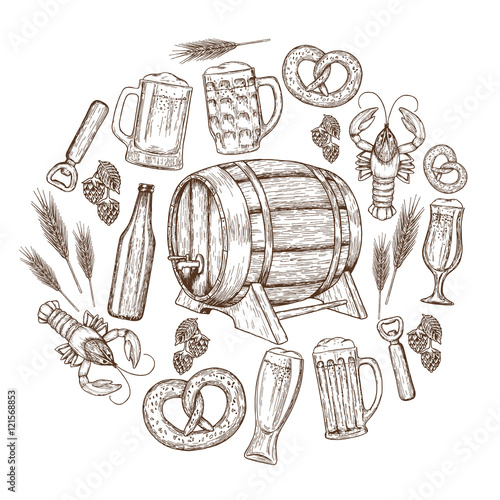 Set of sketch vintage beer icons in circle shape background. Template for packaging, cards, posters and drinks menu. Vector stock illustration.