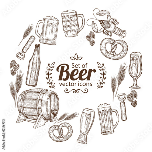 Round frame with sketch vintage beer icons. Template for packaging, cards, posters, menu. Vector stock illustration.