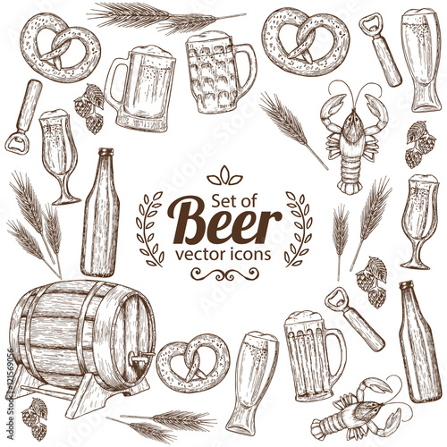 Background of sketch vintage beer icons with round frame. Template for packaging, cards, posters, menu. Vector stock illustration.