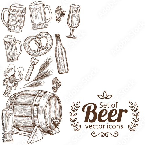 Side vertical border with sketch vintage beer icons. Template for packaging, cards, posters, menu. Vector stock illustration.