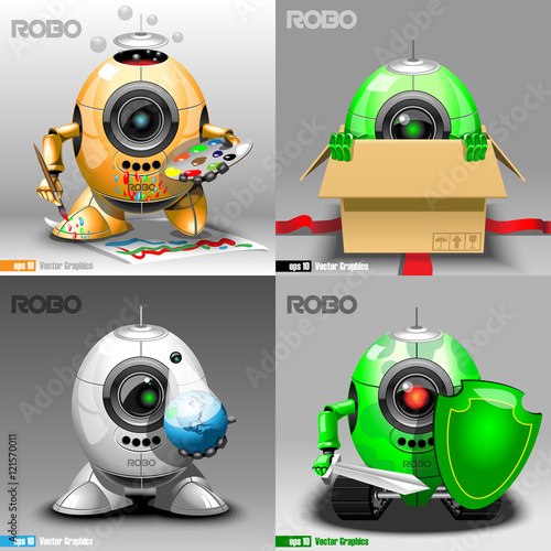 Digital vector robo set, painter, delivery, projector, warrior, orange, green and silver eye borg, 3d style