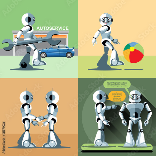 Digital vector silver happy robot set at autoservice, playing with ball, shaking hand and talking to another robot, flat style