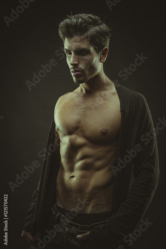 muscular man brown hair, caucasian young Spanish naked torso wit