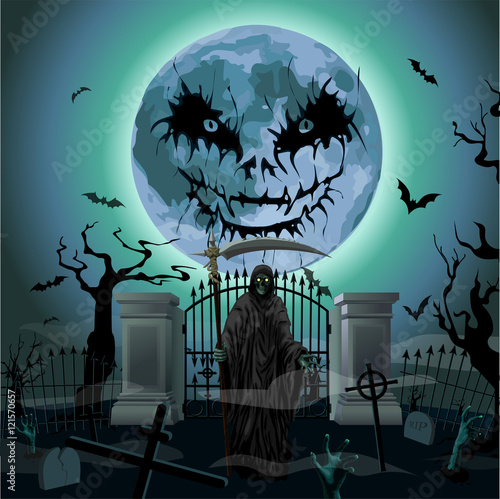 Halloween night: full scary moon cemetery graves death skeleton grim Reaper moon zombie  gate, trees bat rearmouse. Vector vertical closeup side view sign signboard illustration to celebration holiday
